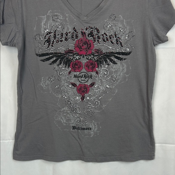 Vintage Hard Rock Cafe Bedazzled V-Neck Tee w/Red Rose - Baltimore - Picture 5 of 8